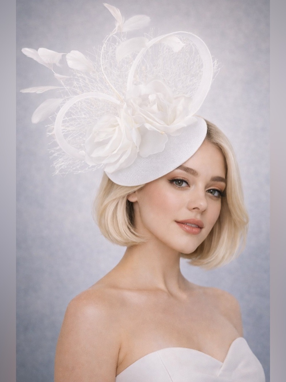 Kentucky Derby Elegant White Floral Fascinator Hat Feathers + Netting Race Ready
